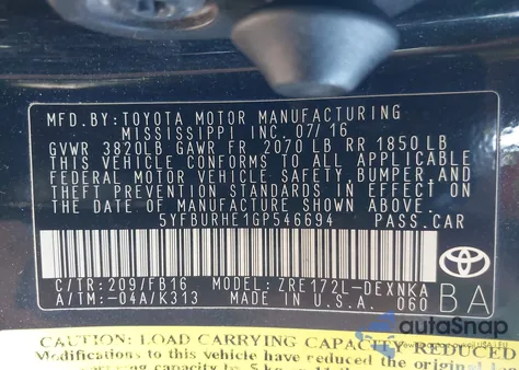 2016 Toyota Corolla L/Le/Le Pls/Prm/S/S Pls from USA, damaged, VIN 5YFBURHE1GP546694